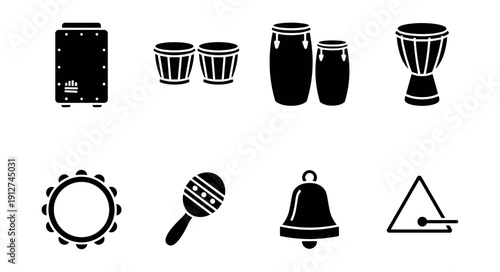 Percussion instruments black and white icon set