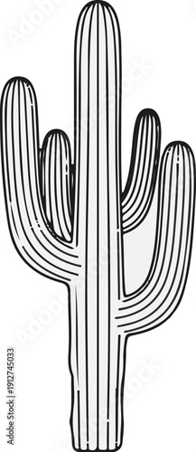 A minimalist, black and white illustration of a tall, multi-branched cactus