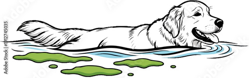 A happy dog swims with green patches and blue water waves