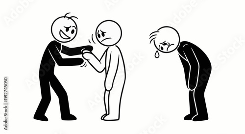 A happy figure intimidates a sad figure, another cries