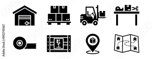 Warehouse and logistics line icons set