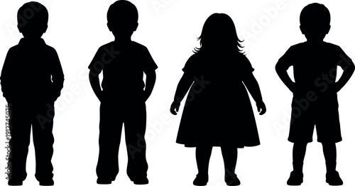 Silhouettes of diverse children standing in a row featuring young boys in casual clothes and a girl in a dress