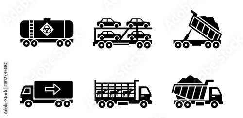 Transport and cargo black and white truck icons set