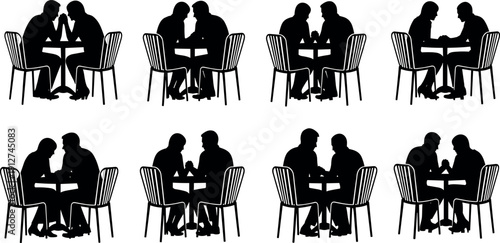 Silhouette Vector Set of Romantic Couples Sitting at Restaurant Table Holding Hands and Talking on a Date in Various Poses