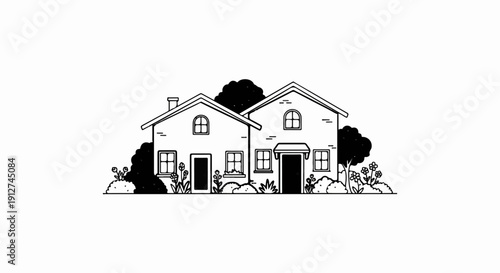 A minimalist black and white illustration of two connected houses with a garden and trees