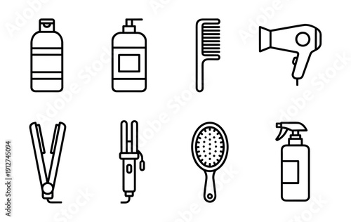 Hair care and styling line icons set
