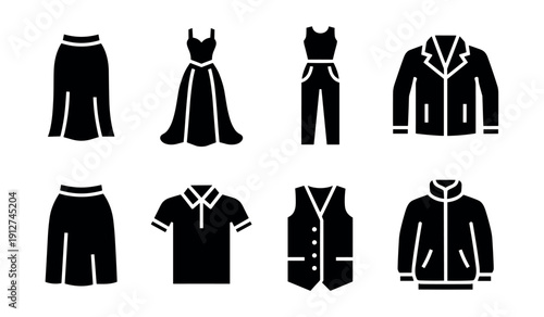 Clothing items black and white icons set