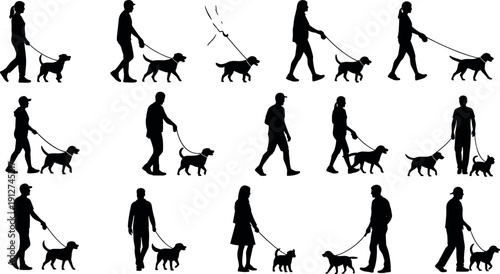 Silhouettes of diverse people walking dogs on leashes including men women and various breeds in a clean minimalist vector style
