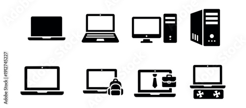 Computer devices and scenarios line icons set