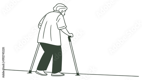 Elderly person walking with underarm crutches black and white line senior mobility aid