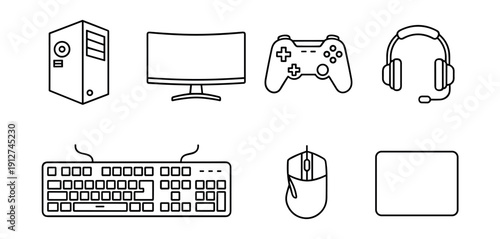 Computer and gaming accessories outlined icons set