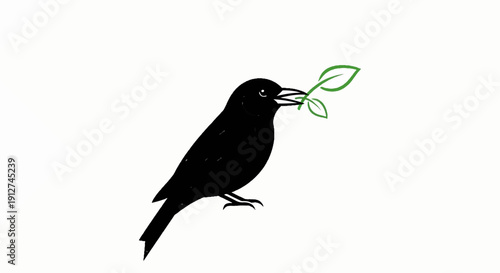 A minimalist black bird holds a green sprig with two leaves in its beak