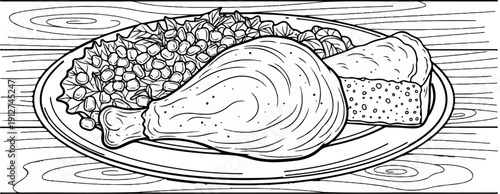 A hearty meal of chicken, corn, and bread served on a wooden table