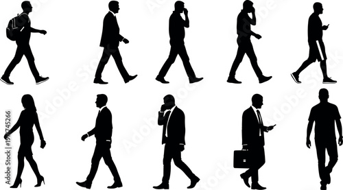 Silhouette vector illustration of diverse people walking in casual and business attire with accessories, showcasing modern lifestyle and movement