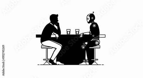 A person and a robot sit at a bar with drinks, a scene of human-machine interaction