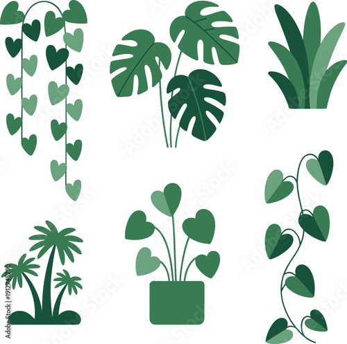 Flat green houseplant illustration collection featuring monstera, palm, and hanging vine plants isolated on white background, modern botanical vector design set