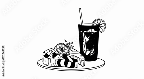 A grilled fish steak with citrus and a tall iced beverage