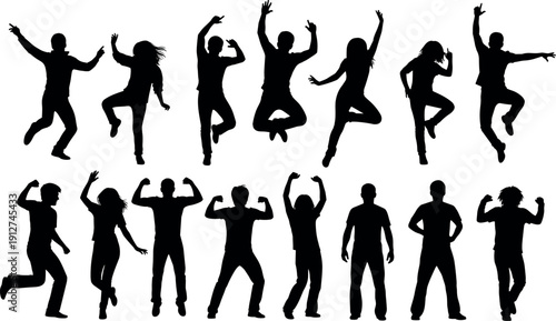 Silhouettes of diverse young people jumping dancing and posing in joyful celebration expressive body language for party and success concepts