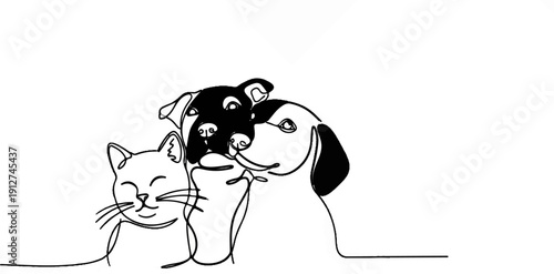 A minimalist line art drawing shows a cat and two dogs embracing