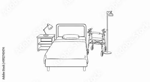 A hospital room with a bed, walker, nightstand, and IV pole