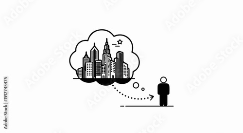 A person contemplates a cityscape within a thought bubble