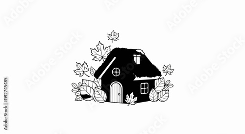 A quaint, dark house nestled amongst falling autumn leaves