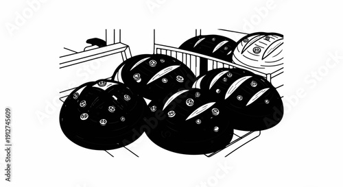 A rack overflowing with dark, round loaves of bread, artistically rendered in black and white