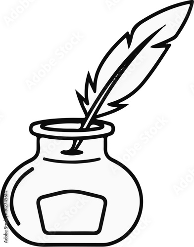 A quill pen rests in a round inkwell, symbolizing writing and communication