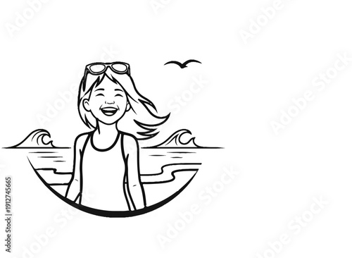 A joyful girl with sunglasses smiles on a beach with waves