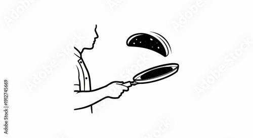 A person flips a pancake in a frying pan over white background
