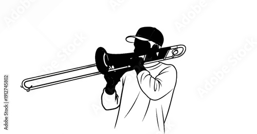 A person in a baseball cap plays a trombone against a white background