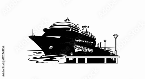 A large cruise ship is docked at a pier with lampposts