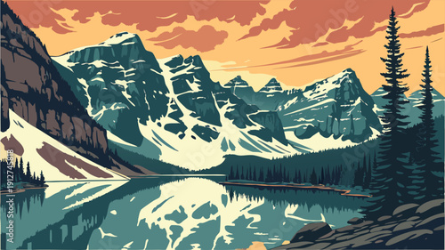 Vintage Style Illustration of a Majestic Alpine Lake with Snow-Capped Mountains and Pine Trees