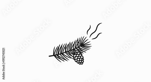 A minimalist line drawing of a pine branch with a cone