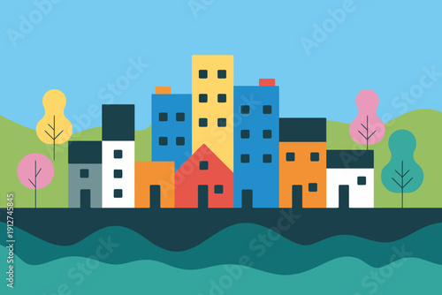 Colorful cityscape with buildings and trees by the water  urban landscape
