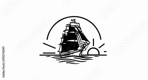 A silhouette of a tall ship sails on choppy seas under a circular sunburst
