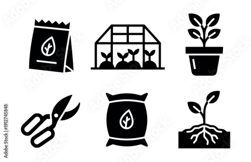 Gardening black and white icon set