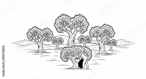 A person harvests fruit from a stylized tree in a rolling landscape