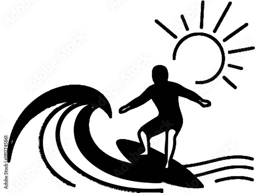 A silhouette of a surfer riding a wave under a bright sun