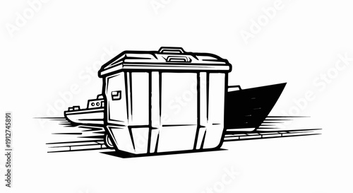 A large dumpster sits on a dock with a ship in the background