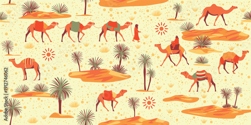 A handmade drawing seamless pattern with African desert landscapes, nomads, dunes, palm trees, camels. For create childish wallpaper, packaging, fashion etc.