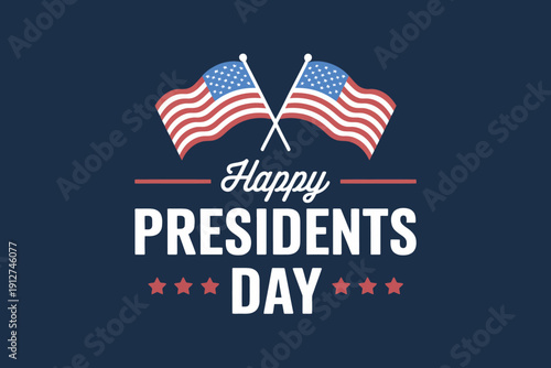 Happy Presidents Day celebration with American flags and stars on navy blue background