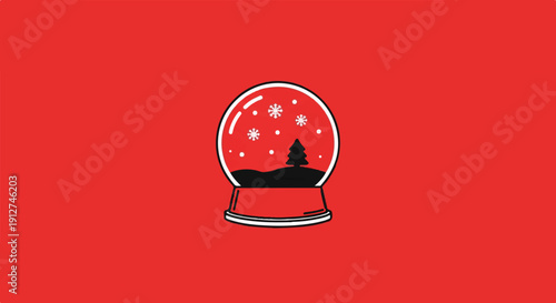 A minimalist snow globe with a single evergreen tree against a festive red background