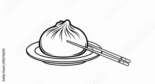 A simple line drawing of a steaming soup dumpling on a plate with chopsticks