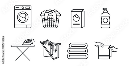 Laundry and cleaning line icons set