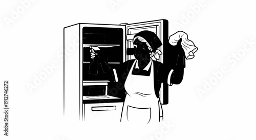 A person in an apron cleans an open refrigerator with a spray bottle and cloth