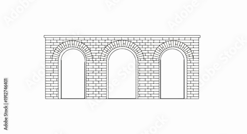 A line drawing of a stone building facade with three arched openings