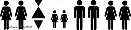 This illustration features a versatile collection of gender-neutral and traditional restroom pictograms, including male, female, family, and non-binary signage symbols.