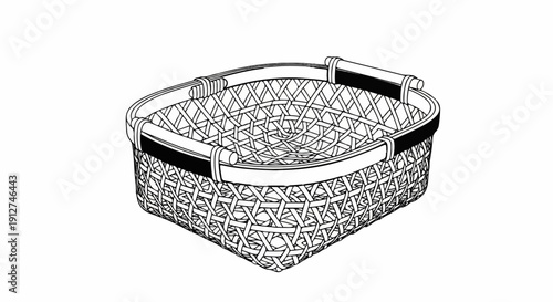 A simple line drawing of a woven basket with two handles, on a white background
