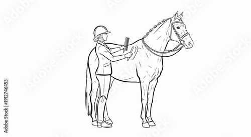 A person in riding attire brushes a horse, grooming it for show or activity
